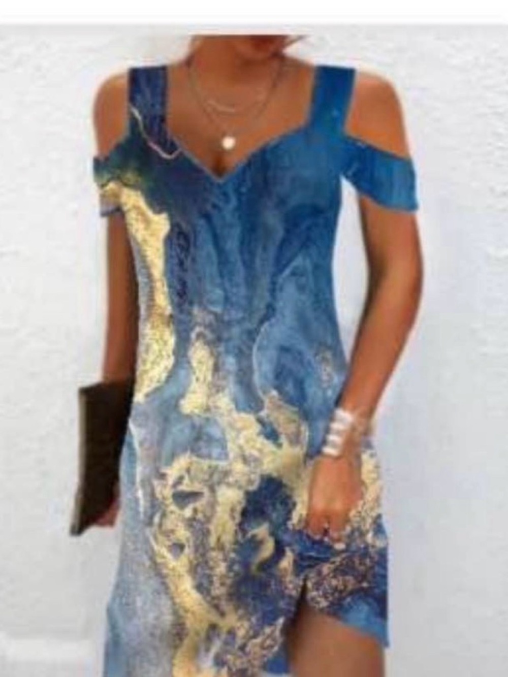 Blue and Gold Cold-Shoulder V-Neck Women's Dress